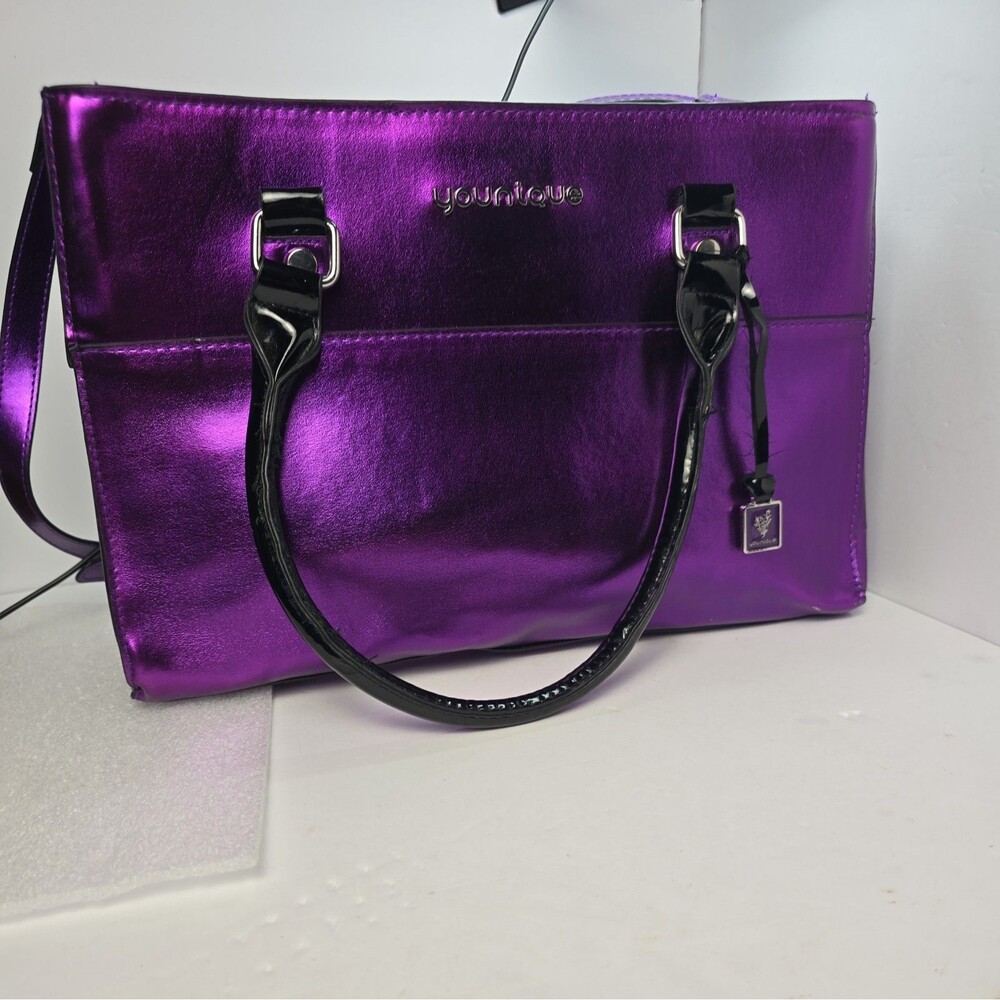 Younique Purple Metallic Tote Shoulder Bag Black Handles Silver Hardware